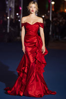 Load image into Gallery viewer, Dark Green Off the Shoulder Mermaid Long Formal Dress with Ruffles