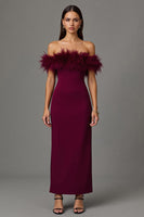 Load image into Gallery viewer, Burgundy Off the Shoulder Sheath Long Formal Dress with Feathers