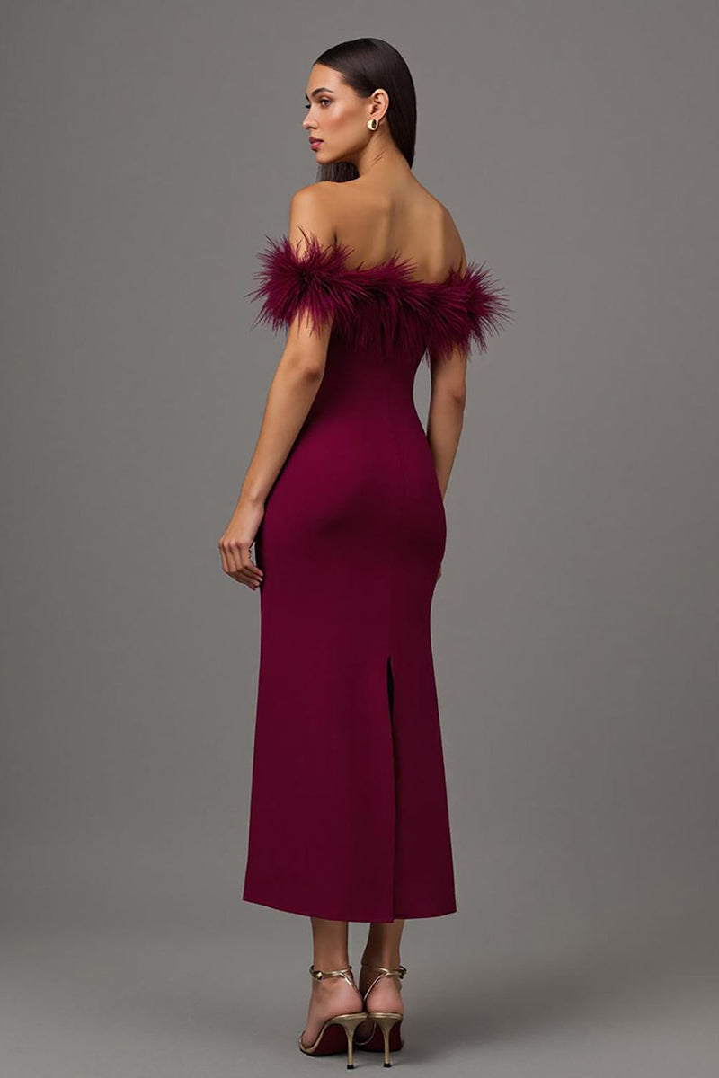 Load image into Gallery viewer, Burgundy Off the Shoulder Sheath Long Formal Dress with Feathers
