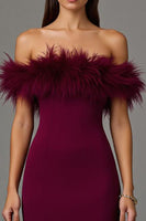 Load image into Gallery viewer, Burgundy Off the Shoulder Sheath Long Formal Dress with Feathers