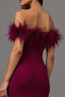 Load image into Gallery viewer, Burgundy Off the Shoulder Sheath Long Formal Dress with Feathers