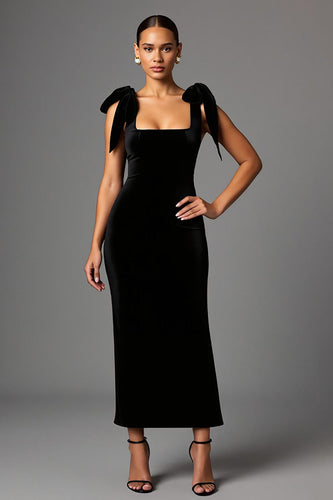 Black Square Neck Sheath Long Formal Dress with Bows