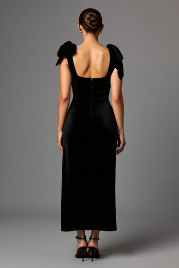Black Square Neck Sheath Long Formal Dress with Bows