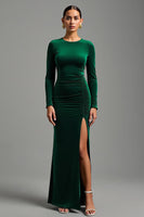 Load image into Gallery viewer, Dark Green Round Neck Velvet Sheath Long Formal Dress with Slit