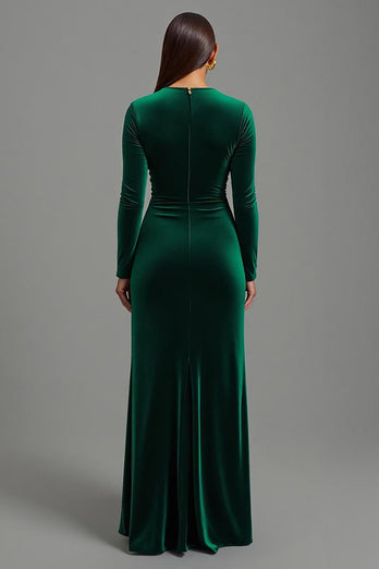 Dark Green Round Neck Velvet Sheath Long Formal Dress with Slit