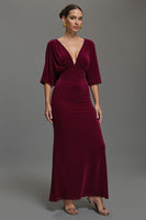 Load image into Gallery viewer, Burgundy Velvet Deep V-Neck Long Formal Dress with Sleeves
