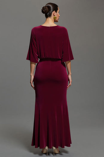 Burgundy Velvet Deep V-Neck Long Formal Dress with Sleeves