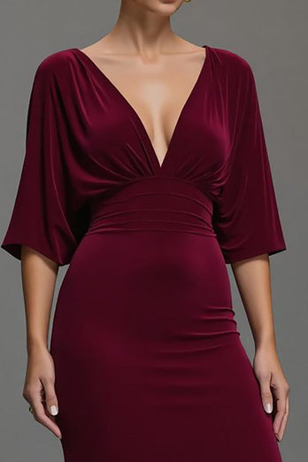 Burgundy Velvet Deep V-Neck Long Formal Dress with Sleeves