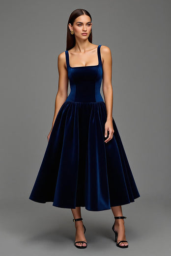 Navy Velvet A Line Square Neck Long Formal Dress