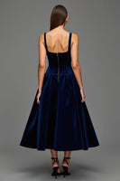 Load image into Gallery viewer, Navy Velvet A Line Square Neck Long Formal Dress