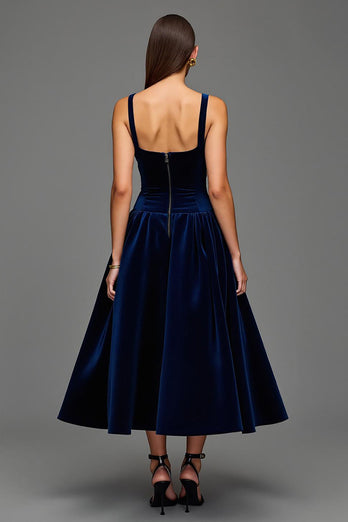Navy Velvet A Line Square Neck Long Formal Dress