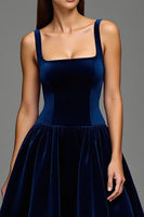 Load image into Gallery viewer, Navy Velvet A Line Square Neck Long Formal Dress