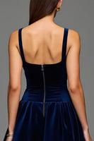 Load image into Gallery viewer, Navy Velvet A Line Square Neck Long Formal Dress