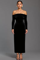 Load image into Gallery viewer, Black Velvet Off the Shoulder Sheath Long Formal Dress