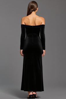 Black Velvet Off the Shoulder Sheath Long Formal Dress