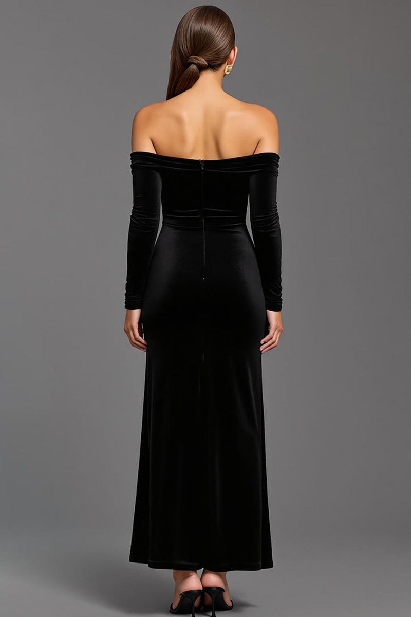 Load image into Gallery viewer, Black Velvet Off the Shoulder Sheath Long Formal Dress