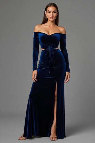Navy Off the Shoulder Velvet Sheath Long Formal Dress with Slit