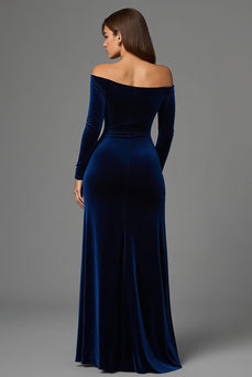 Navy Off the Shoulder Velvet Sheath Long Formal Dress with Slit