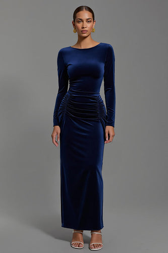 Navy Boat Neck Velvet Sheath Long Formal Dress with Sleeves