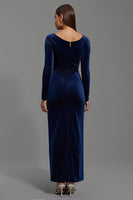 Load image into Gallery viewer, Navy Boat Neck Velvet Sheath Long Formal Dress with Sleeves