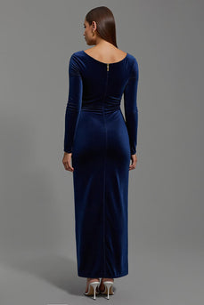Navy Boat Neck Velvet Sheath Long Formal Dress with Sleeves