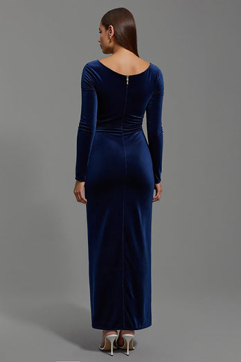 Navy Boat Neck Velvet Sheath Long Formal Dress with Sleeves