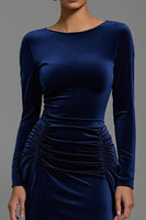 Load image into Gallery viewer, Navy Boat Neck Velvet Sheath Long Formal Dress with Sleeves