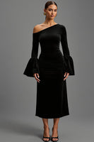 Load image into Gallery viewer, Black One Shoulder Sheath Velvet Long Formal Dress with Sleeves