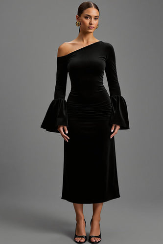 Black One Shoulder Sheath Velvet Long Formal Dress with Sleeves