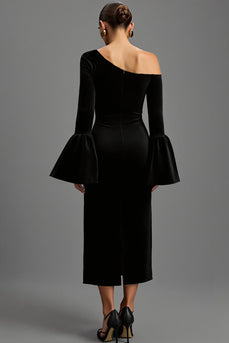 Black One Shoulder Sheath Velvet Long Formal Dress with Sleeves