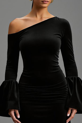 Black One Shoulder Sheath Velvet Long Formal Dress with Sleeves