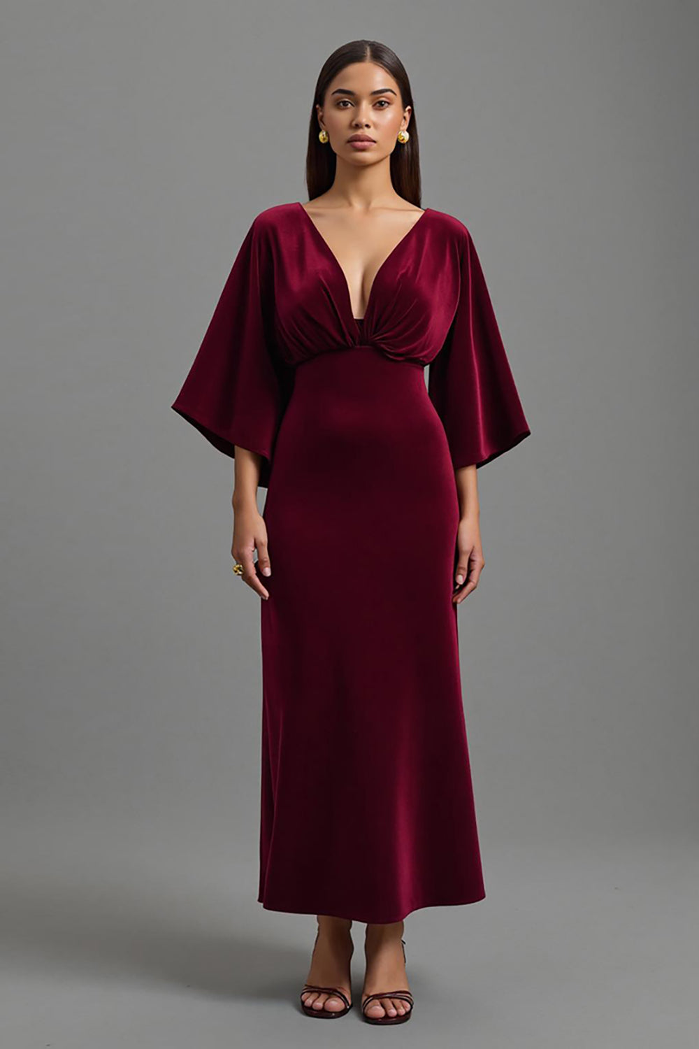 Burgundy V-Neck Velvet Long Sheath Formal Dress with Sleeves