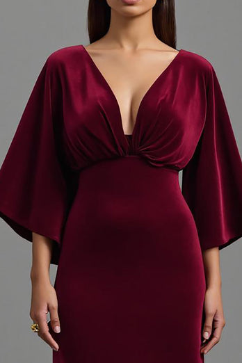 Burgundy V-Neck Velvet Long Sheath Formal Dress with Sleeves