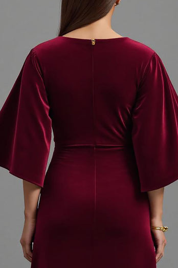 Burgundy V-Neck Velvet Long Sheath Formal Dress with Sleeves