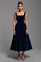 Load image into Gallery viewer, Navy Velvet Square Neck A Line Long Formal Dress