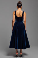 Load image into Gallery viewer, Navy Velvet Square Neck A Line Long Formal Dress