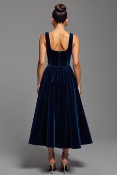 Navy Velvet Square Neck A Line Long Formal Dress