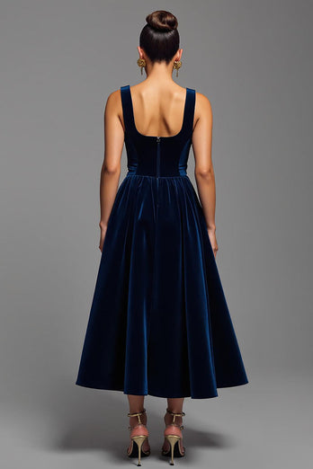 Navy Velvet Square Neck A Line Long Formal Dress