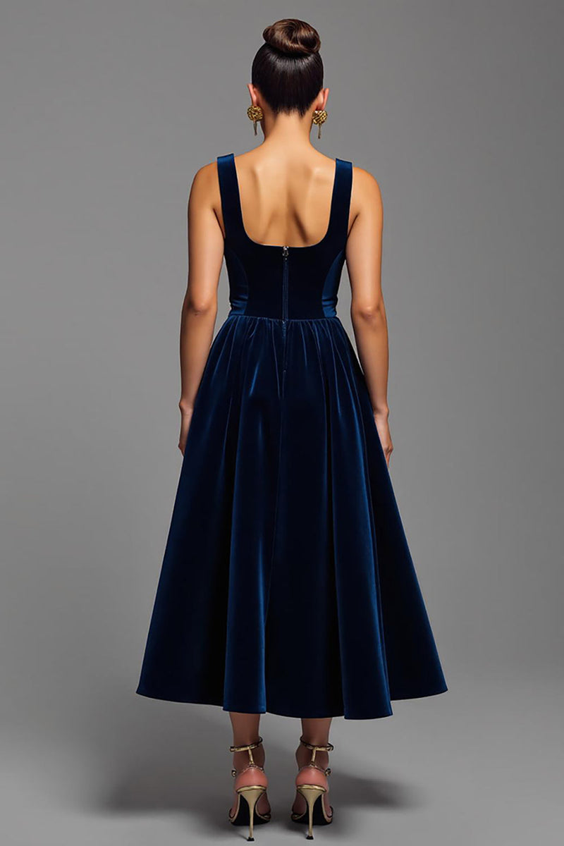 Load image into Gallery viewer, Navy Velvet Square Neck A Line Long Formal Dress