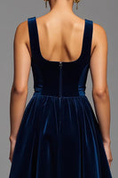 Load image into Gallery viewer, Navy Velvet Square Neck A Line Long Formal Dress