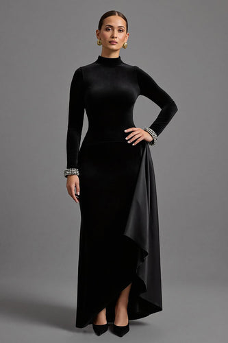 Black High Neck Velvet Long Formal Dress with Long Sleeves