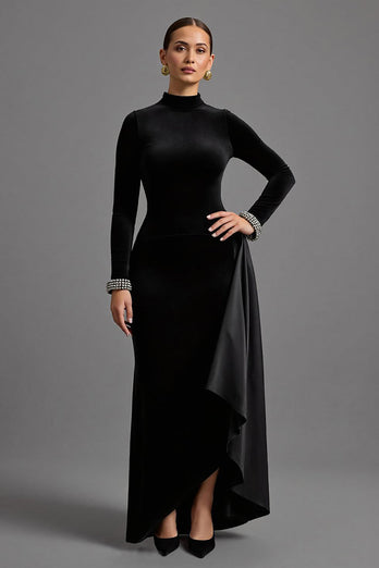 Black High Neck Velvet Long Formal Dress with Long Sleeves