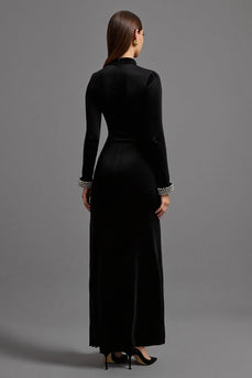 Black High Neck Velvet Long Formal Dress with Long Sleeves