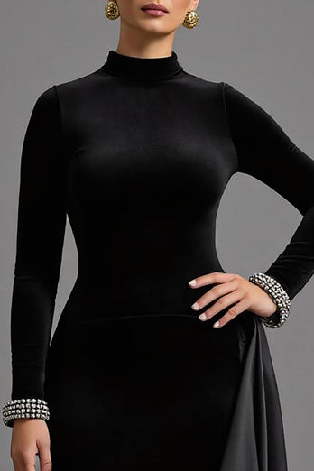 Black High Neck Velvet Long Formal Dress with Long Sleeves