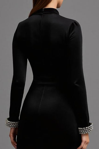 Black High Neck Velvet Long Formal Dress with Long Sleeves