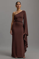 Load image into Gallery viewer, Coffee One Shoulder Sheath Long Formal Dress with Sleeves