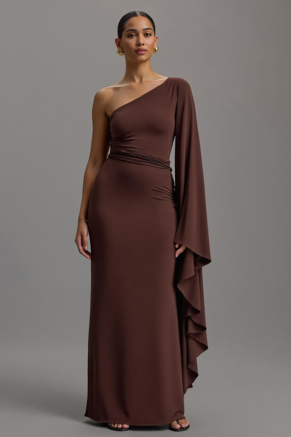 Coffee One Shoulder Sheath Long Formal Dress with Sleeves