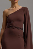Load image into Gallery viewer, Coffee One Shoulder Sheath Long Formal Dress with Sleeves