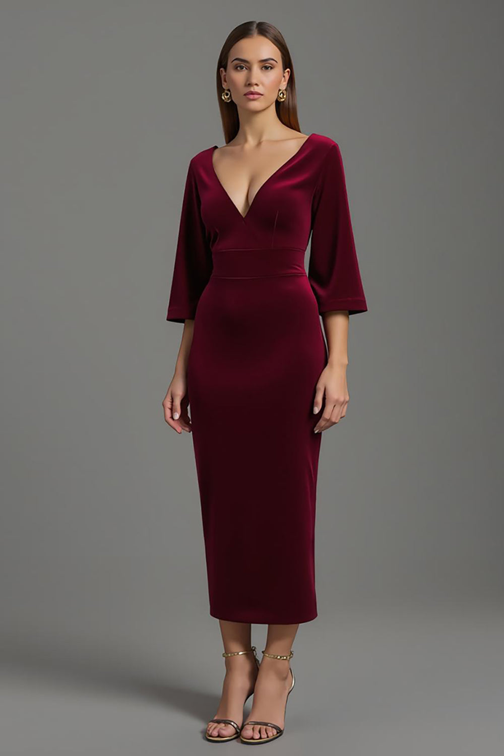 Burgundy Velvet V-Neck Long Formal Dress with Half Sleeves