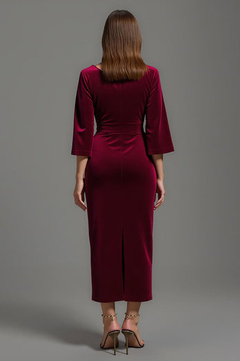 Burgundy Velvet V-Neck Long Formal Dress with Half Sleeves